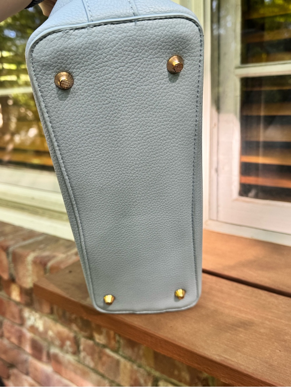 Ello Ice Blue Vegan Leather Bucket Shoulder Bag w/ Belt Detail & Pouch - Picture 11 of 17